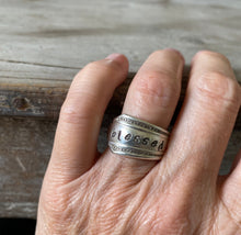 Hand Stamped Spoon Ring BLESSED shown on Model