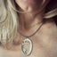 Upcycled Spoon Necklace Hand Punched in Barefoot design Shown on Model Close up