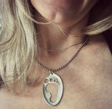Upcycled Spoon Necklace Hand Punched in Barefoot design Shown on Model Close up