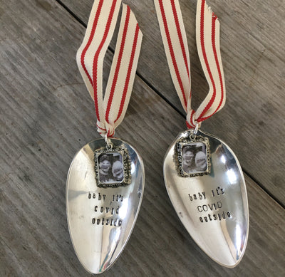 upcycled spoon ornament hand stamped with baby it's covid outside