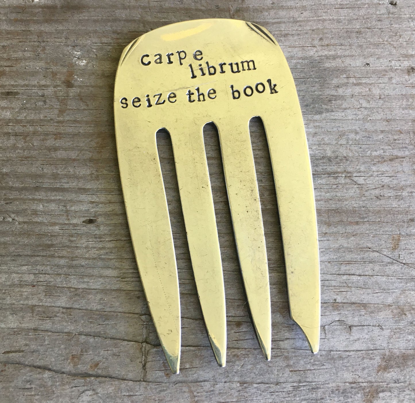 upcycled fork bookmark hand-stamped CARPE LIBRUM SEIZE THE BOOK - vintage silverware