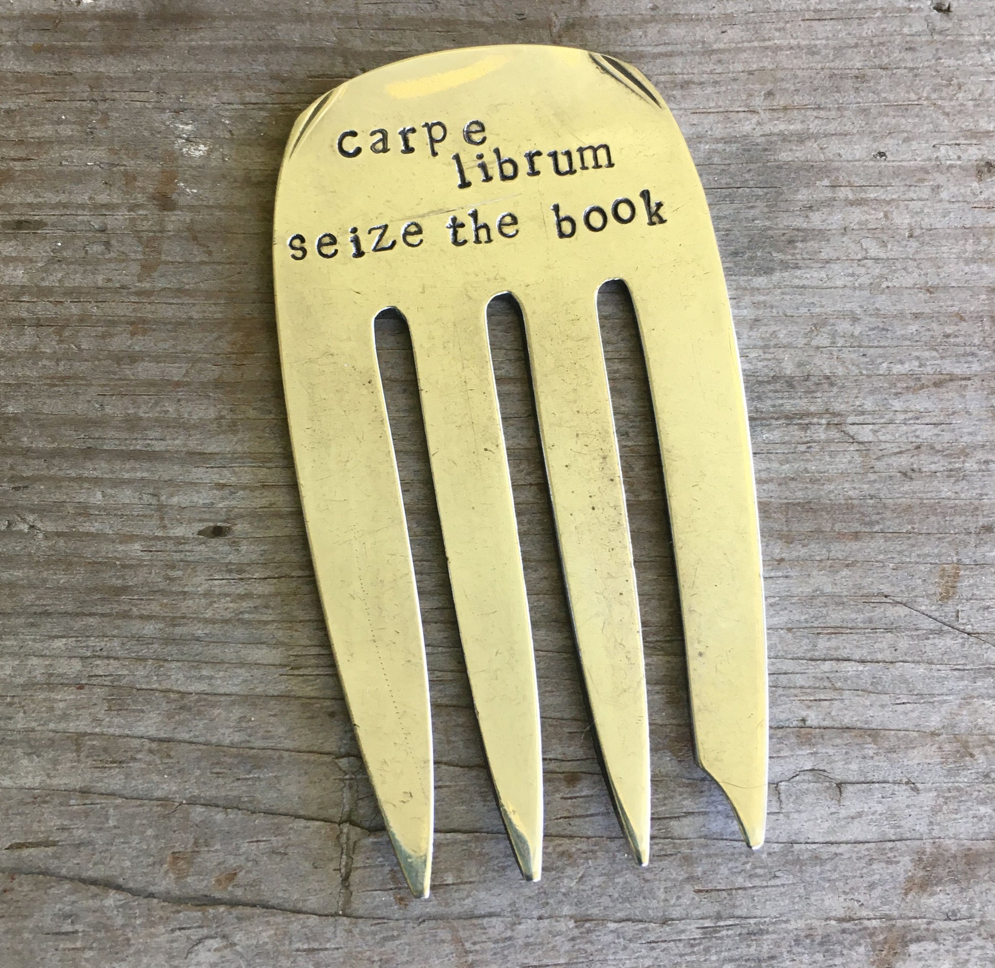 upcycled fork bookmark hand-stamped CARPE LIBRUM SEIZE THE BOOK - vintage silverware