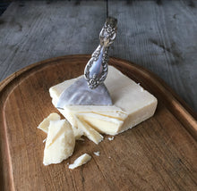 Vintage Silverware Upcycled Spoon Cheese Cutter Shown in Use with a block of  sharp cheddar cheese