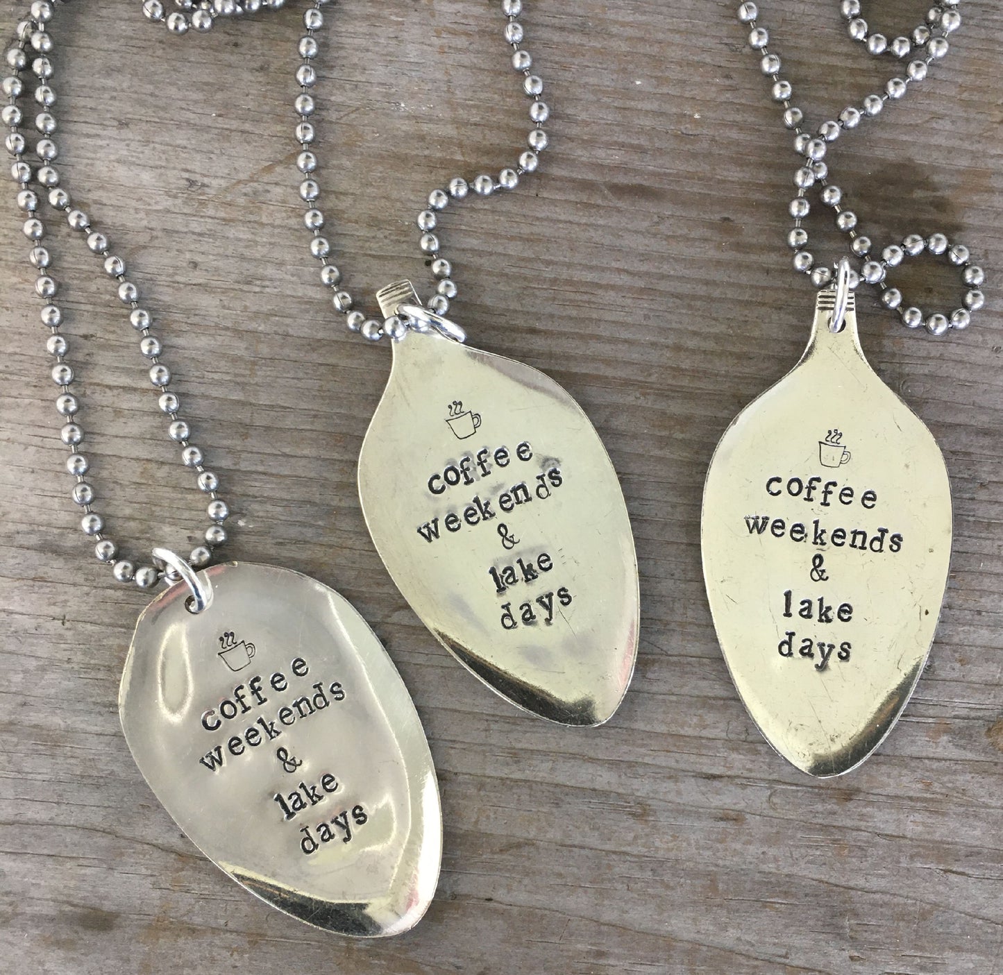 Handcrafted COFFEE WEEKENDS & LAKE DAYS stamped spoon necklace on vintage 1970s ball chain, upcycled silverplate jewelry
