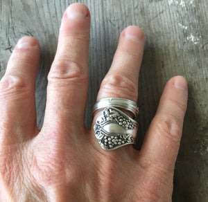 Upcycled Spoon Ring shown on model's hand 