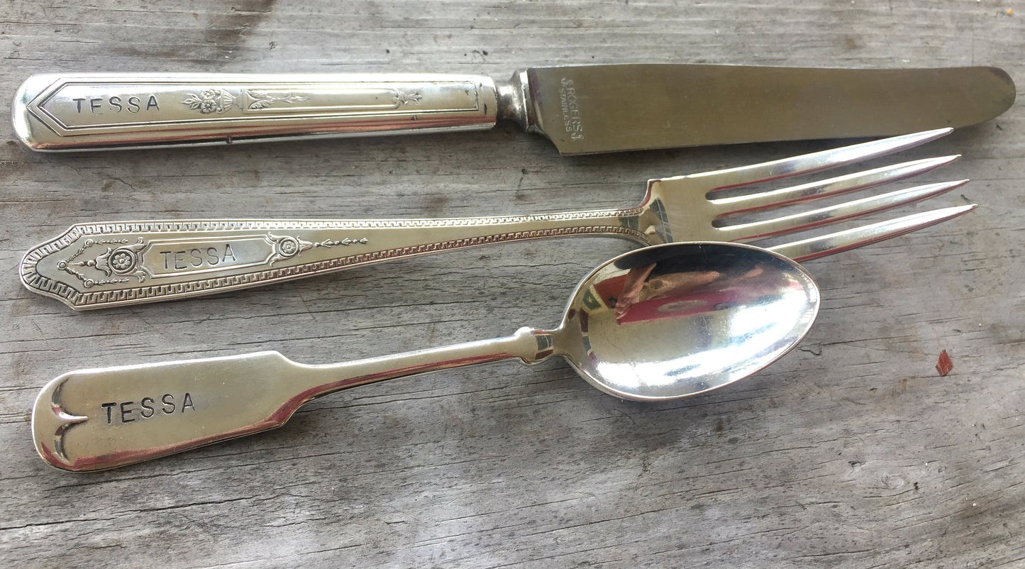 Hand-stamped vintage silverware set showing custom personalization - unique mismatched fork knife spoon gift
