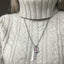 Cherish Necklace styled showing expandable vertical bar design with photo frame, one-of-a-kind upcycled silverware keepsake necklace for Mom