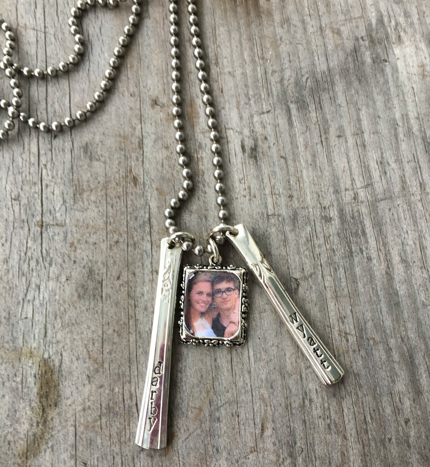 Cherish Necklace with hand-stamped silverplate spoon handle vertical bars and customizable photo frame, personalized keepsake jewelry for Mom
