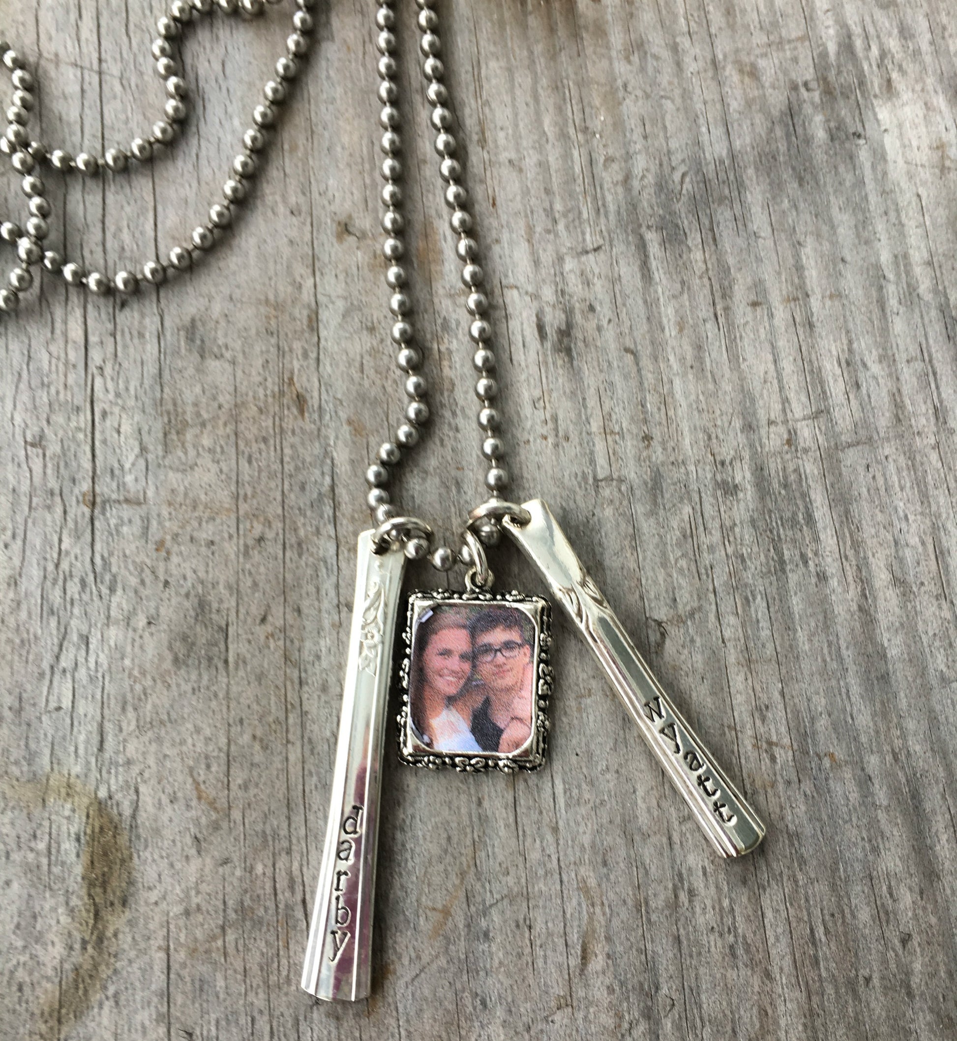 Cherish Necklace with hand-stamped silverplate spoon handle vertical bars and customizable photo frame, personalized keepsake jewelry for Mom