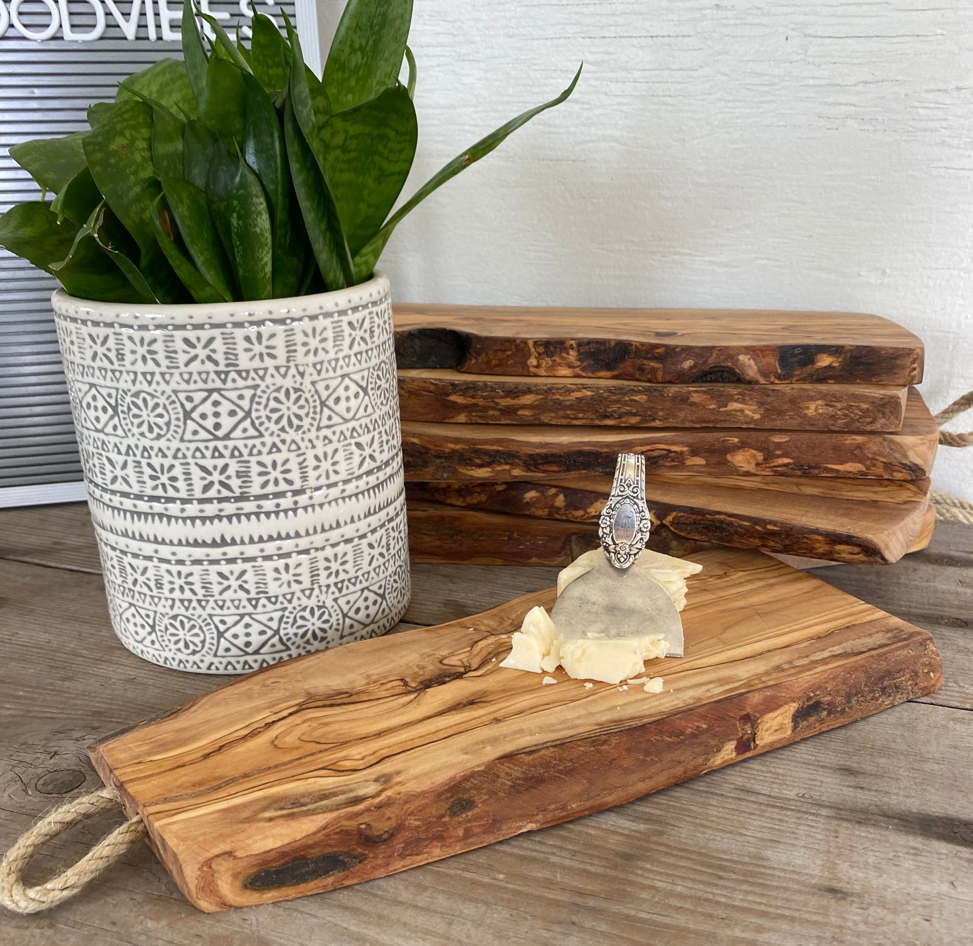 Handcrafted olivewood charcuterie board and cheese knife pairing - upcycled silverware and Italian wood
