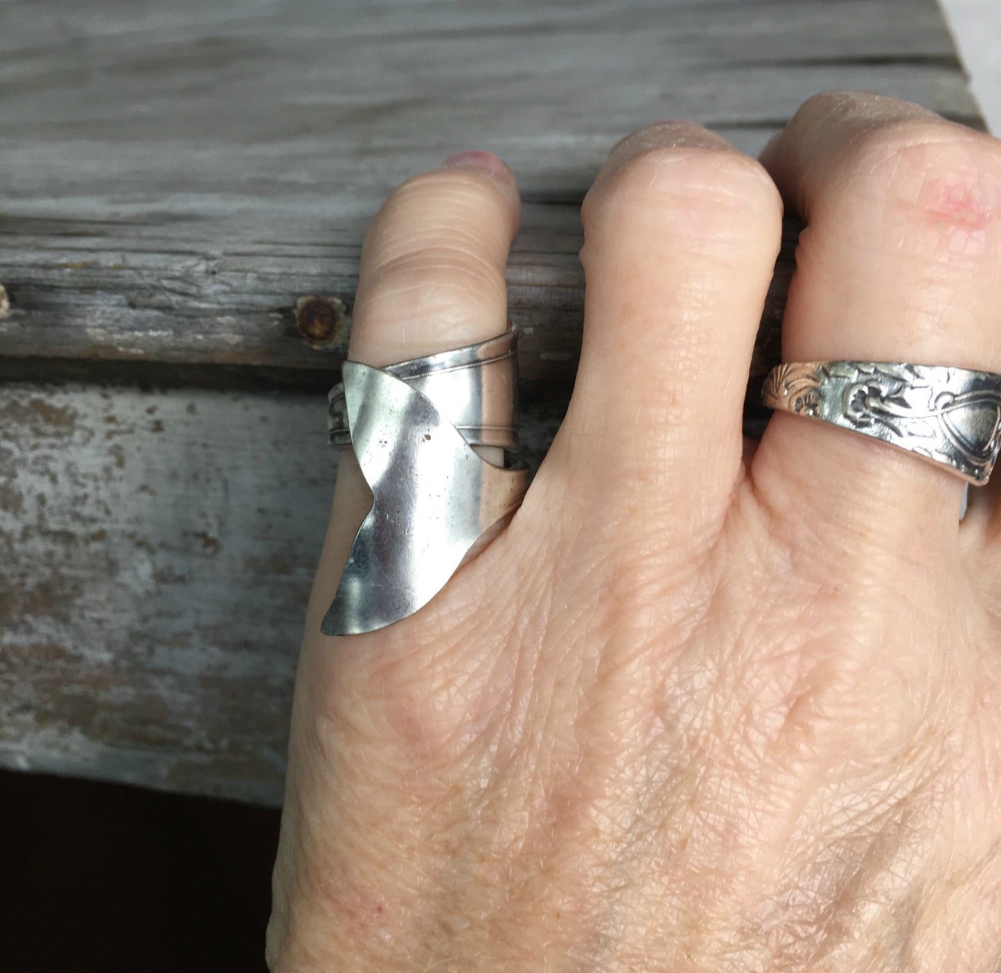 Coil Wrap Spoon Ring Shown On Hand for Scale Par Plate Vernon Ashley Pattern