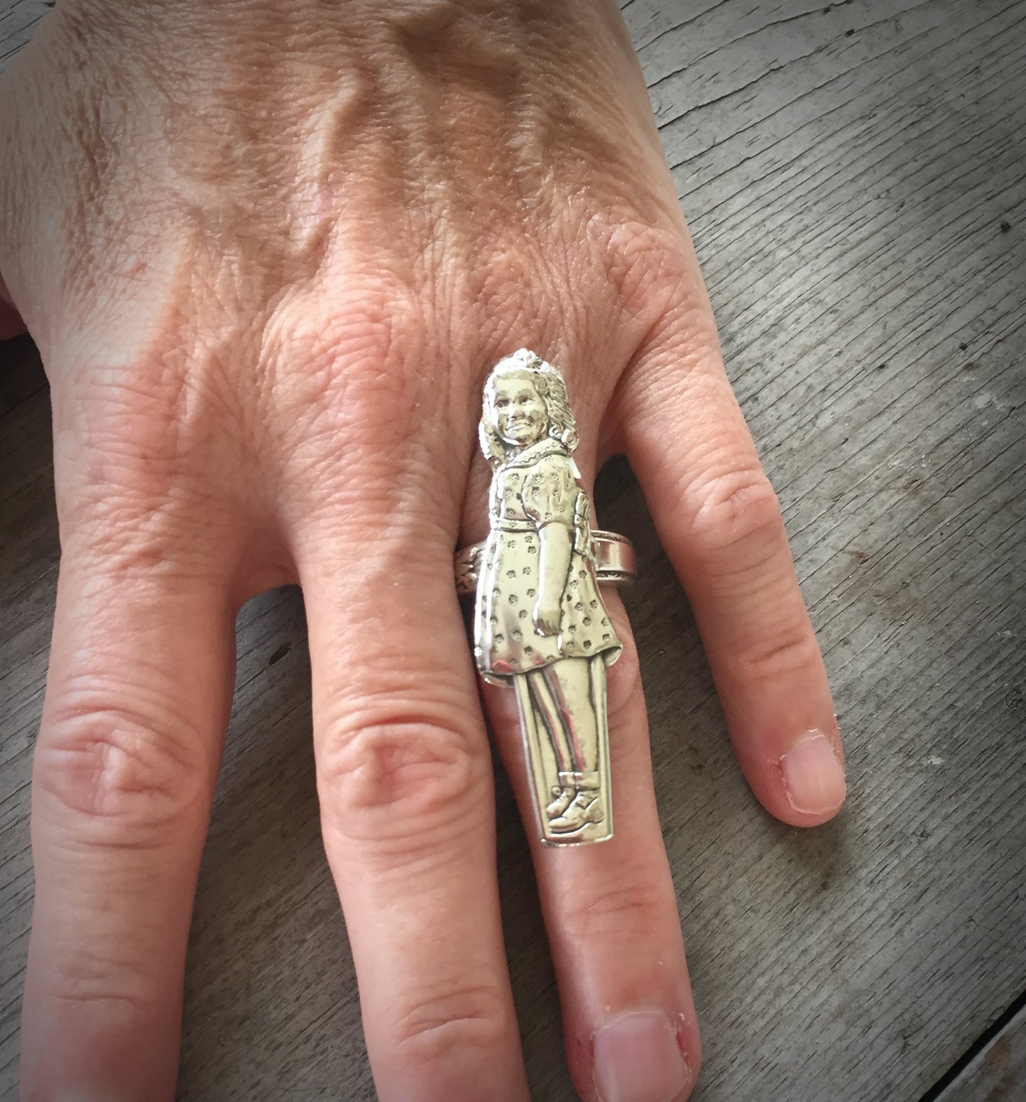 Vintage silverware statement ring on hand - Dionne Quintuplet Yvonne collectible spoon jewelry