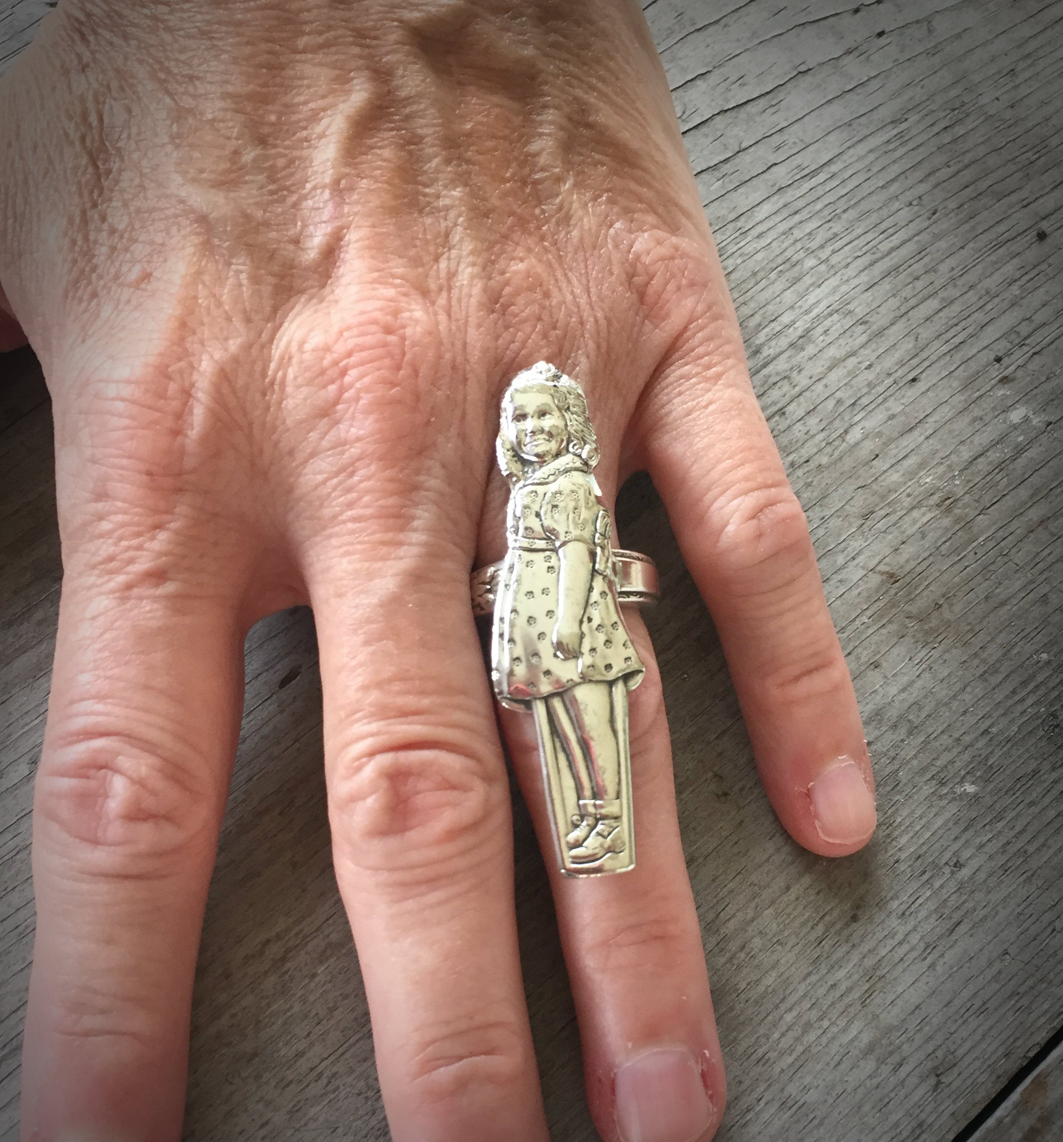 Vintage silverware statement ring on hand - Dionne Quintuplet Yvonne collectible spoon jewelry