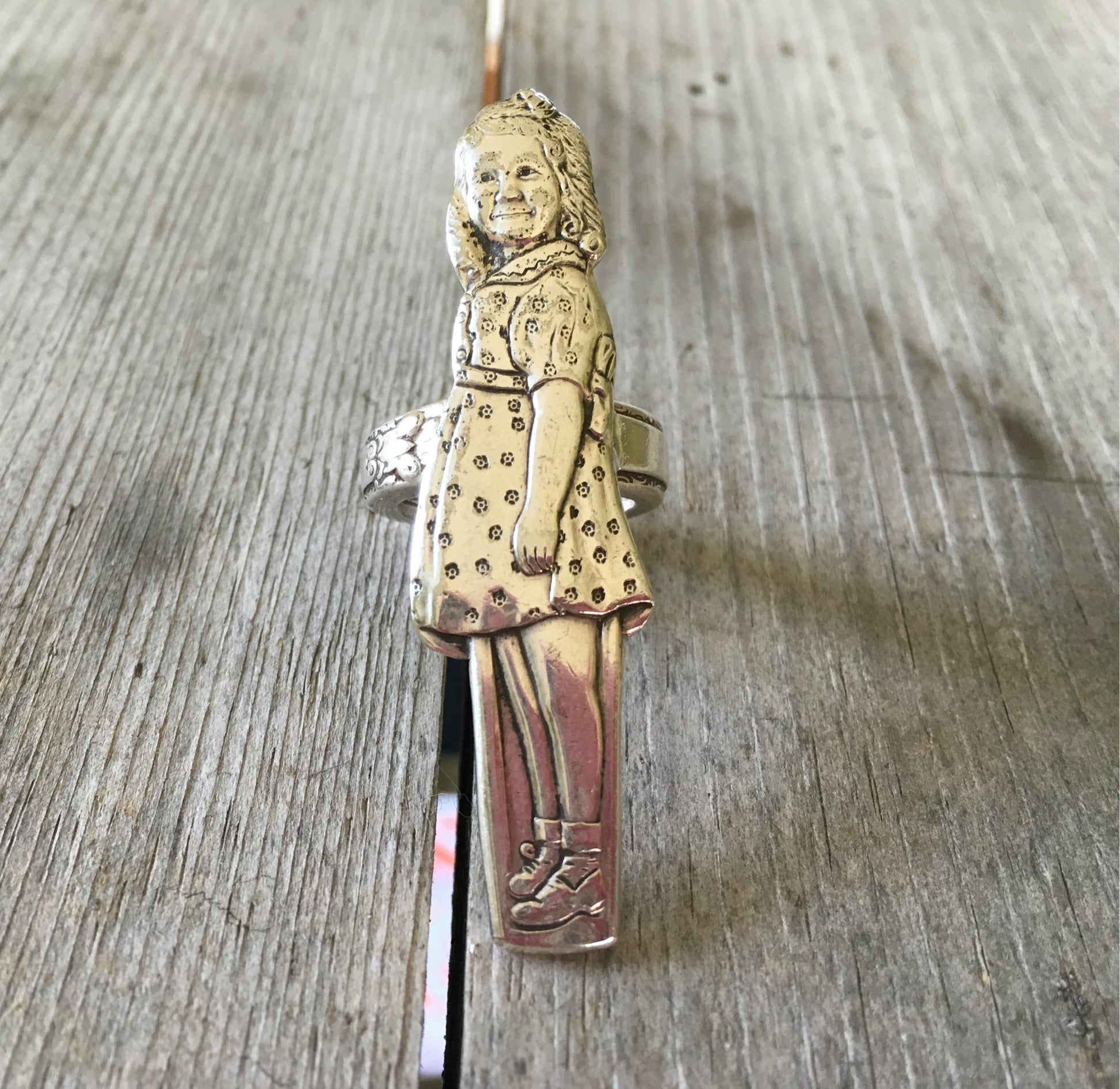 Handmade Dionne Quintuplet Yvonne spoon ring crafted from 1939 vintage Palmolive souvenir silverplate spoon
