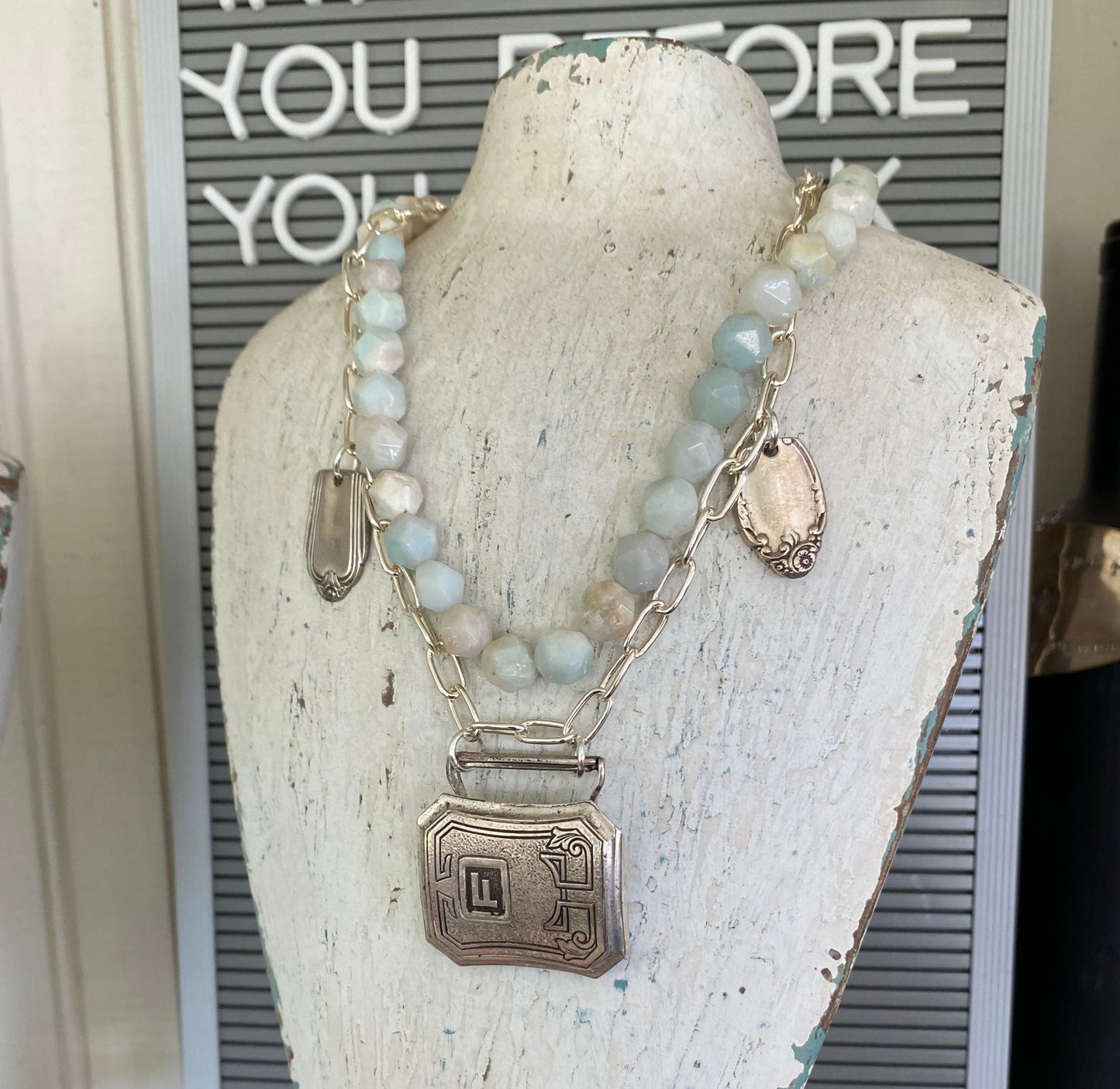 Eco-friendly upcycled vintage belt buckle statement necklace with turquoise beads and silverware accents - handmade artisan design