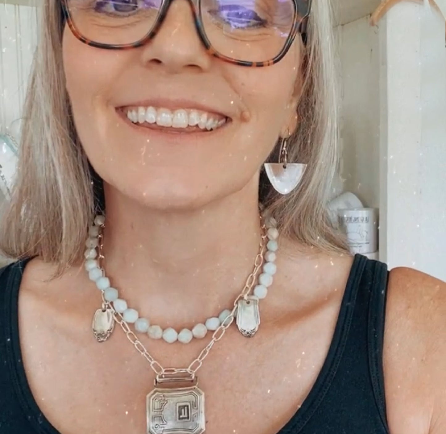 Handcrafted upcycled 1920s belt buckle necklace with turquoise magnesite beads and vintage silverware bits - premium artisan jewelry