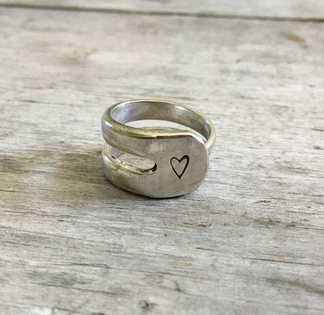 Double Fork Tine Ring Handstamped with Heart Size 8