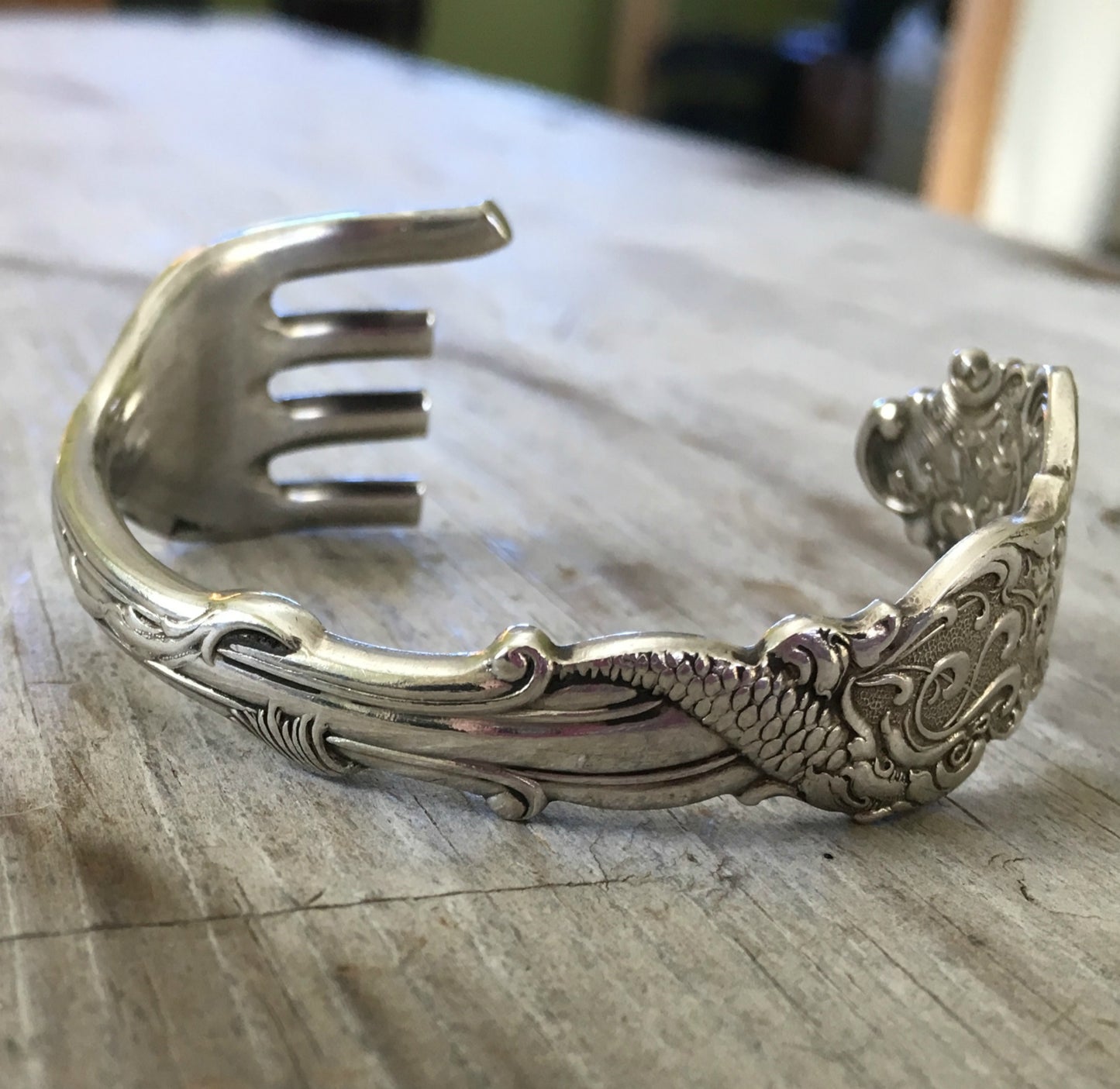 Exquisite detailed hand of Rogers Columbia fork Cuff Bracelet Elephant on One End