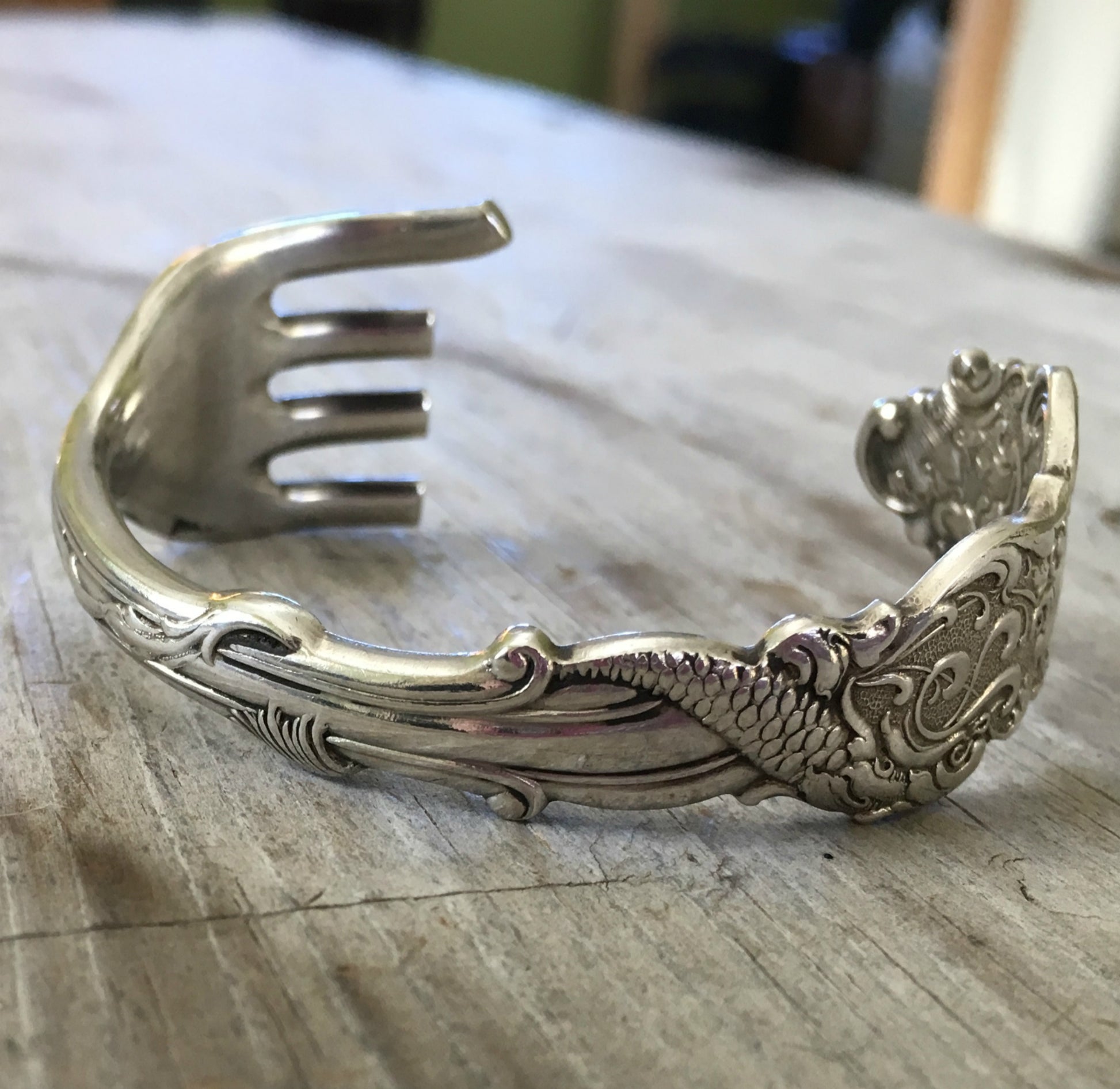 Exquisite detailed hand of Rogers Columbia fork Cuff Bracelet Elephant on One End