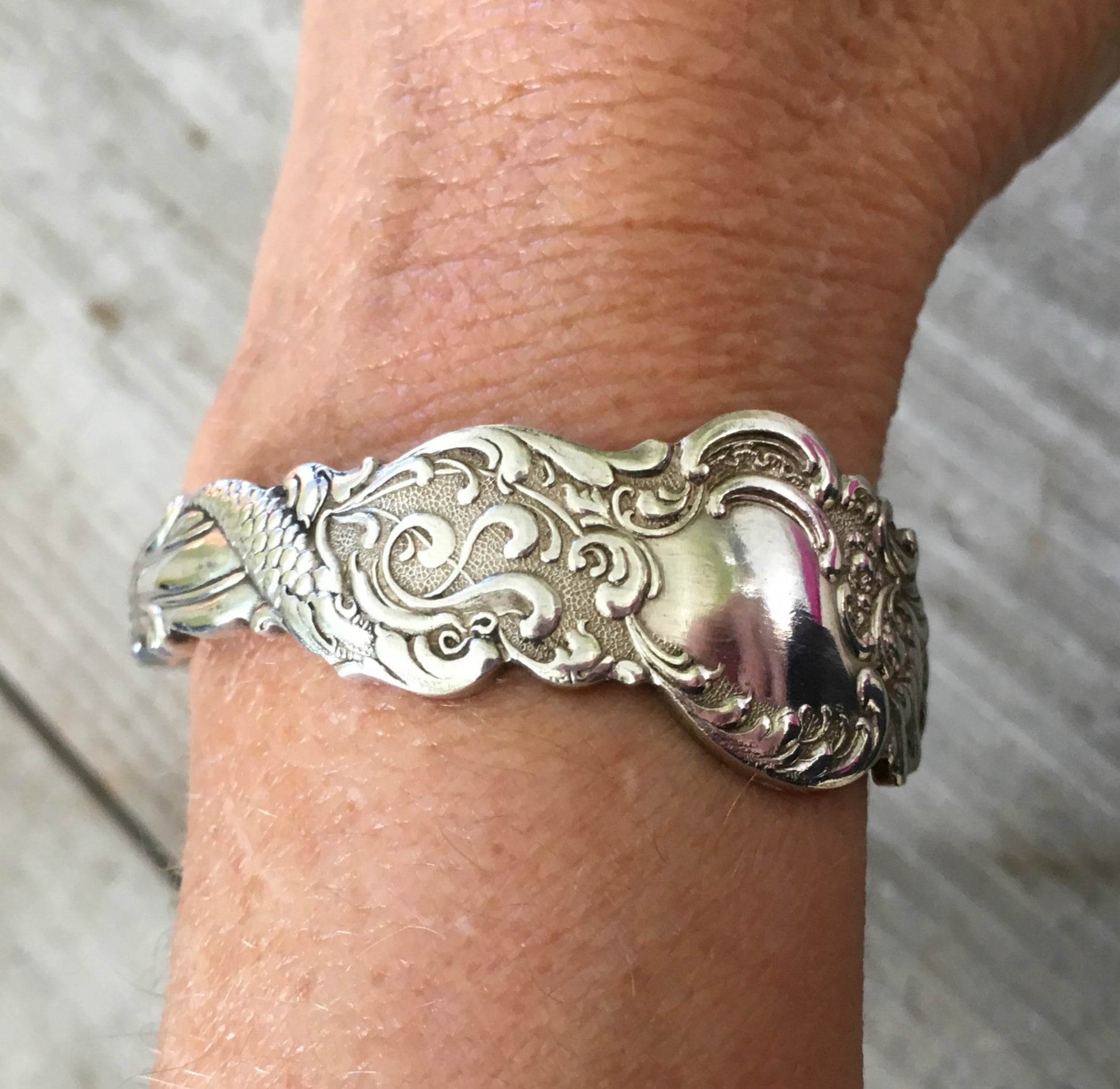 Exquisite detail of Rogers Columbia fork Cuff Bracelet Shown on Model Wrist