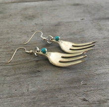 Upcycled Silverware Earrings from Cocktail Forks with Floral Detail and Teal Beads