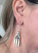 Fork Earrings from Cocktail Forks with Floral Detail and Teal Beads Shown on Model