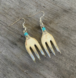 Fork Earrings from Cocktail Forks with Floral Detail and Teal Beads