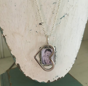 Upcycled Fork Tine Heart Necklace with Pewter Photo Frame Accent