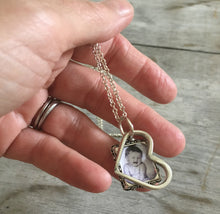 Fork Tine Heart Necklace with Pewter Photo Frame Accent Shown in hand for scale