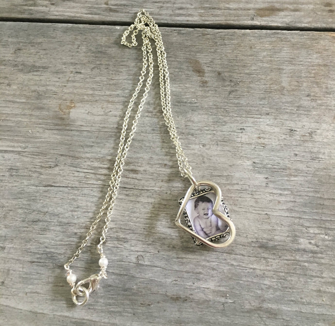 Fork Tine Heart Necklace with Pewter Photo Frame Accent