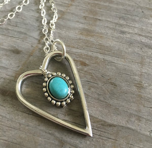 Fork Tine Heart Necklace with Turquoise Colored Stone - Upcycled Silverware Jewelry