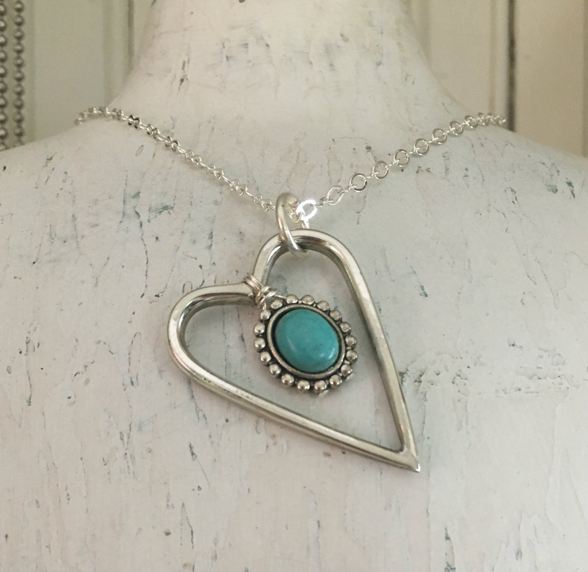 Fork Tine Heart Necklace Shown Hanging - Upcycled Silverware Jewelry