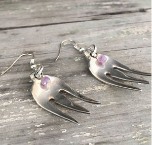 upcycled cocktail fork Earrings with lavender czech glass beads 
