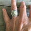 Gorham Vine sterling silver ring made from upcycled demitasse spoon worn on finger showing size - Sterling spoon ring - handcrafted from upcycled vintage silverware - Laughing Frog Studio