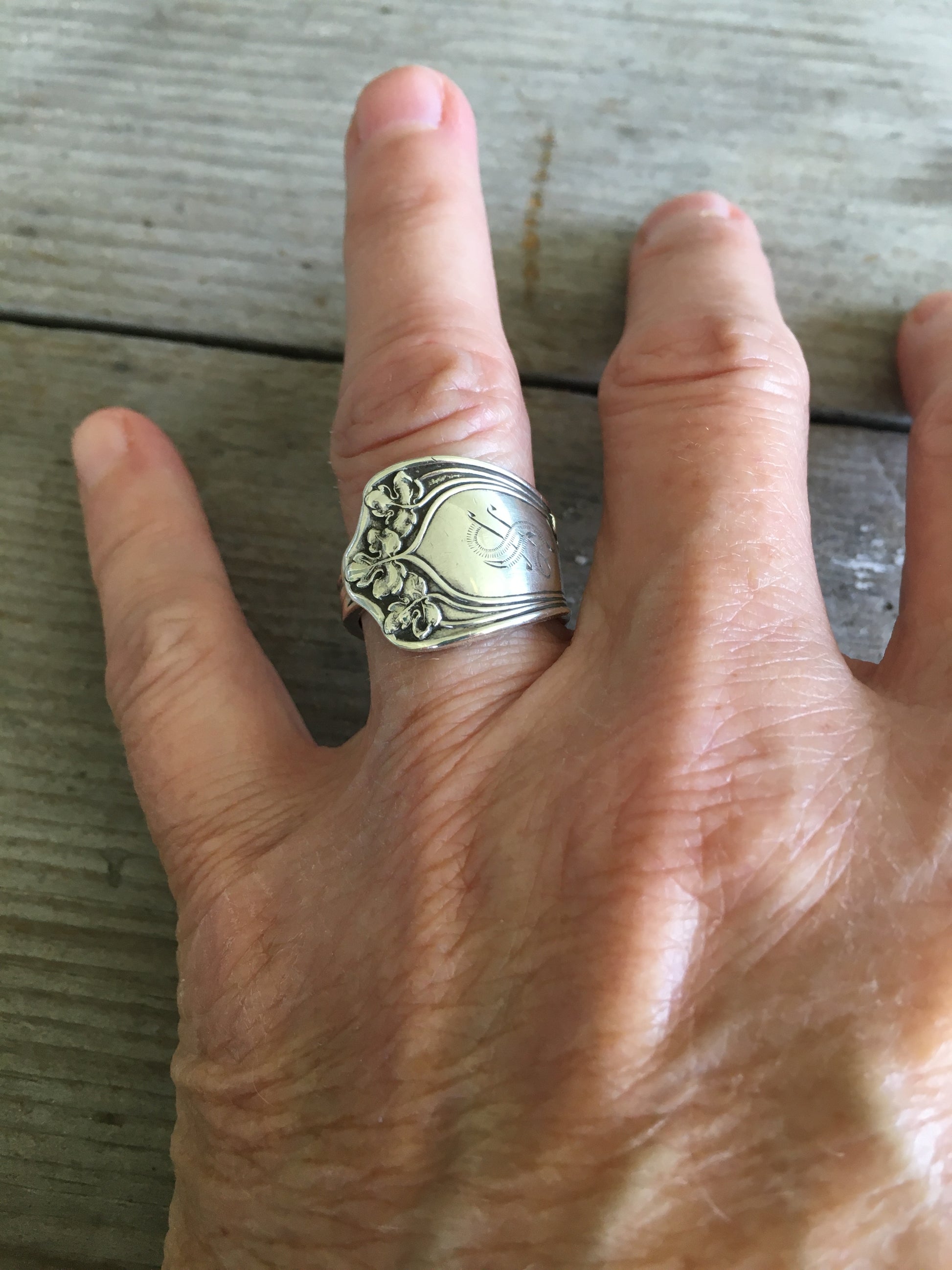 Gorham Vine sterling silver ring made from upcycled demitasse spoon worn on finger showing size - Sterling spoon ring - handcrafted from upcycled vintage silverware - Laughing Frog Studio