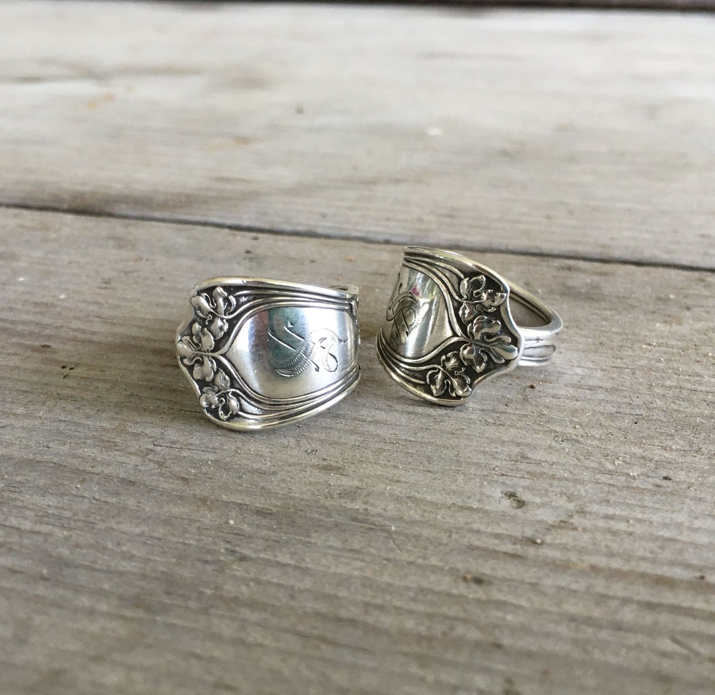 Gorham Vine sterling silver ring with Art Nouveau floral vine pattern and monogram from 1912 - Sterling spoon ring - handcrafted from upcycled vintage silverware - Laughing Frog Studio