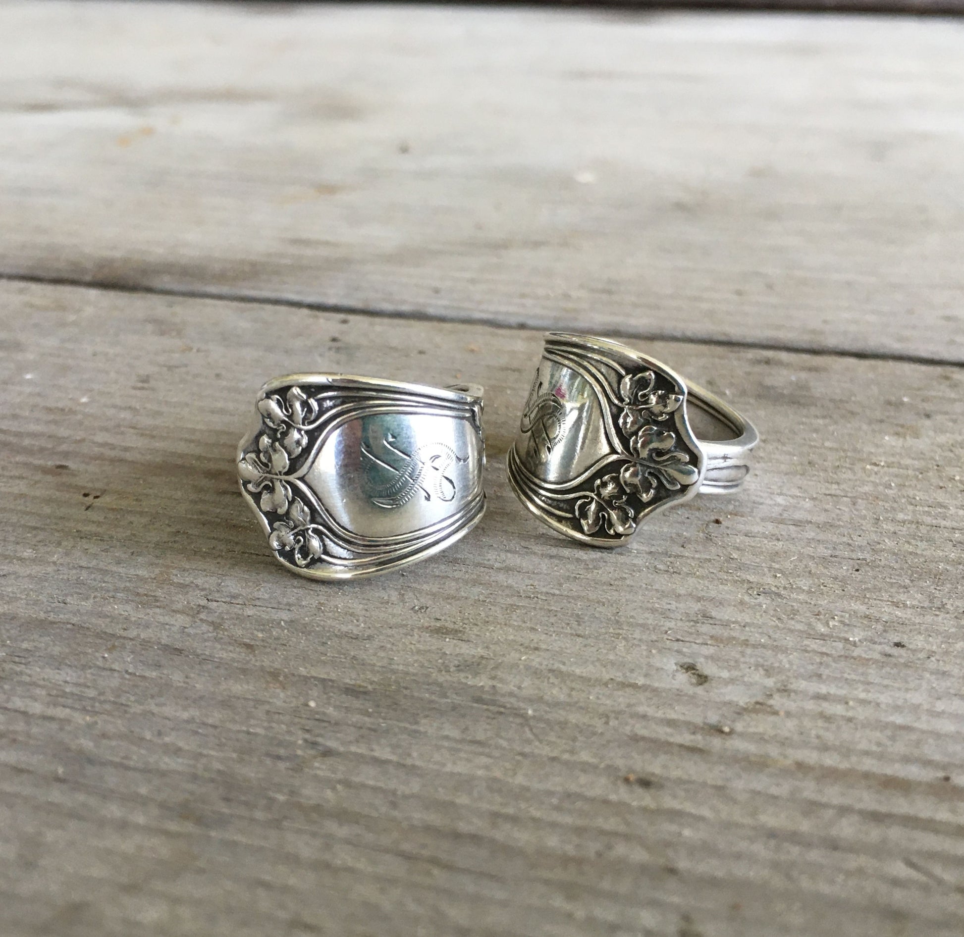 Gorham Vine sterling silver ring with Art Nouveau floral vine pattern and monogram from 1912 - Sterling spoon ring - handcrafted from upcycled vintage silverware - Laughing Frog Studio