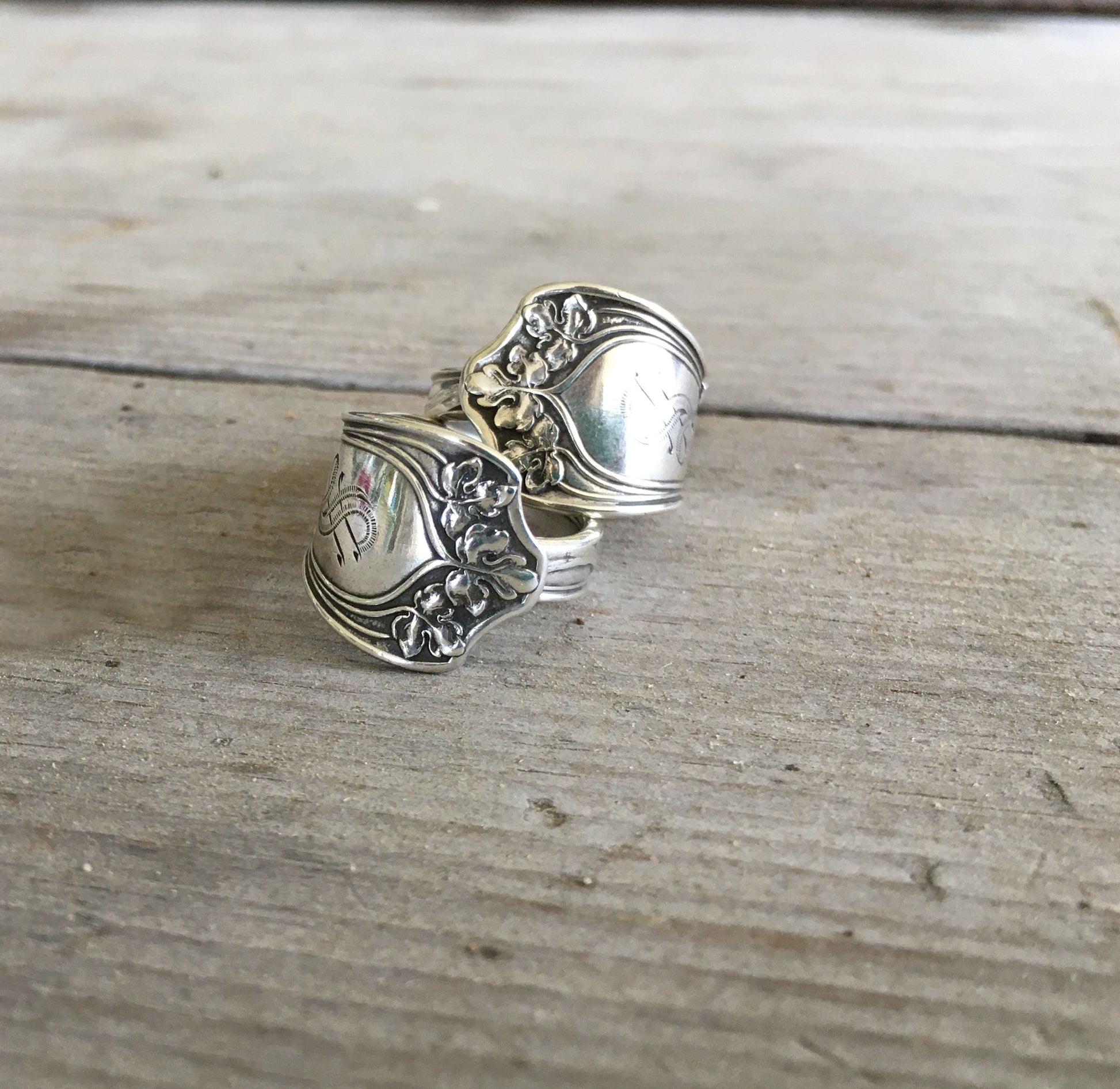 Pair of Gorham Vine pattern sterling silver rings showing ornate botanical design and original monogram - Sterling spoon ring - handcrafted from upcycled vintage silverware - Laughing Frog Studio
