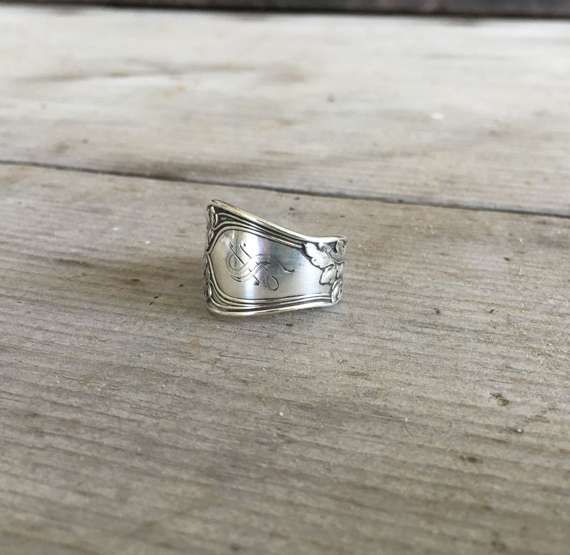 Close-up of monogram detail on Gorham Vine pattern sterling silver ring - Sterling spoon ring - handcrafted from upcycled vintage silverware - Laughing Frog Studio