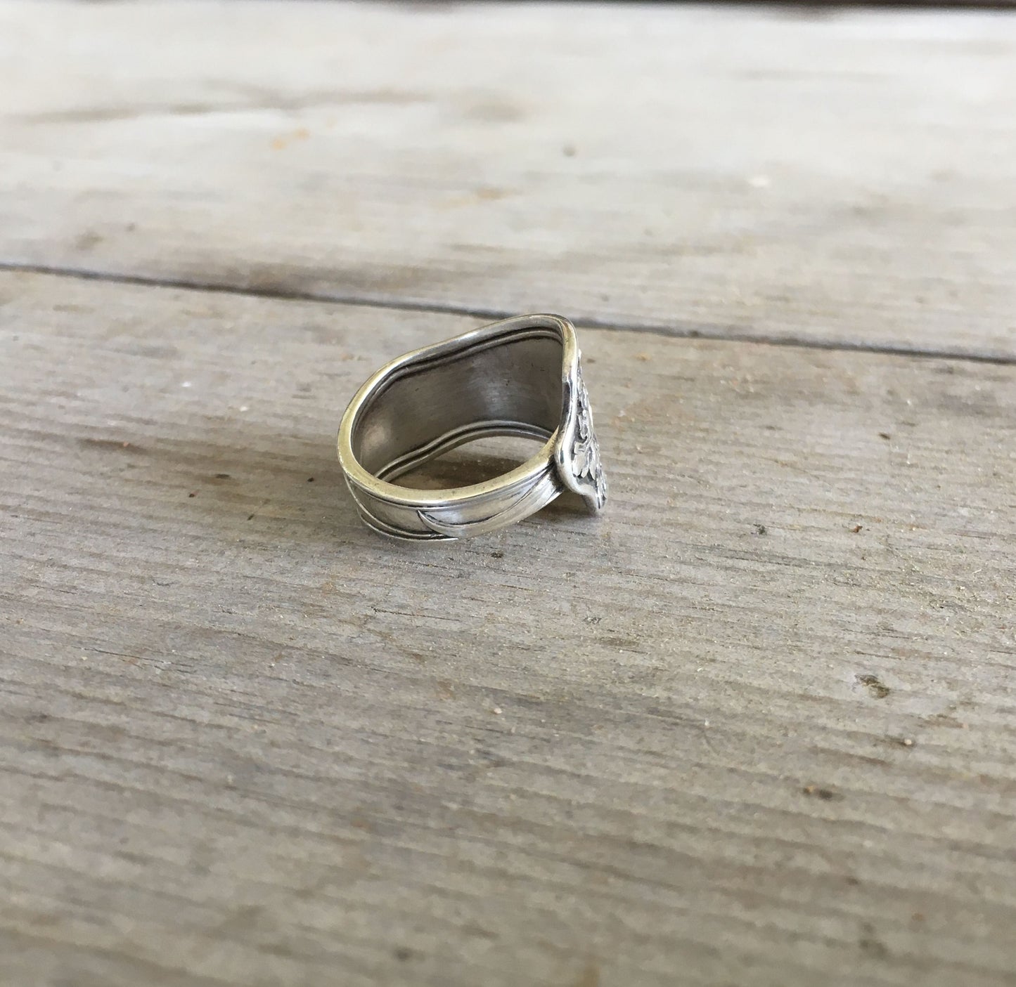 Gorham Vine sterling silver spoon ring side view - Sterling spoon ring - handcrafted from upcycled vintage silverware - Laughing Frog Studio