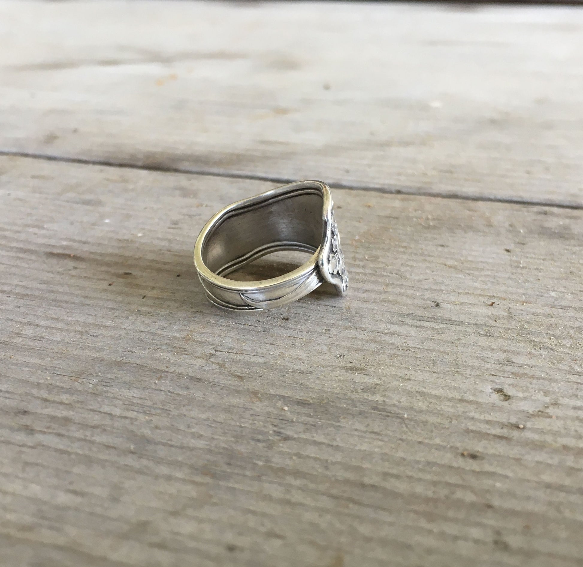 Gorham Vine sterling silver spoon ring side view - Sterling spoon ring - handcrafted from upcycled vintage silverware - Laughing Frog Studio