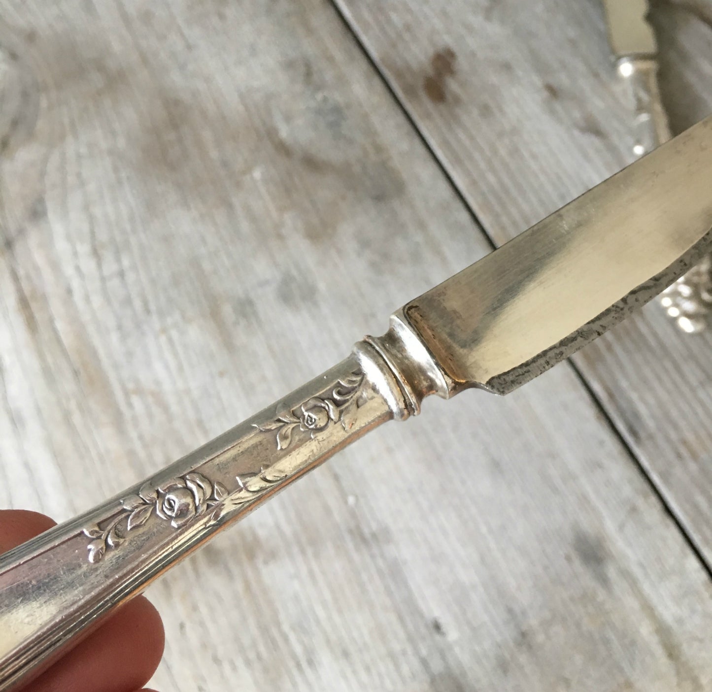Close up of Stratford Silverplate Rosemary Dinner Knife upcycle into a sharp cheese charcuterie knife
