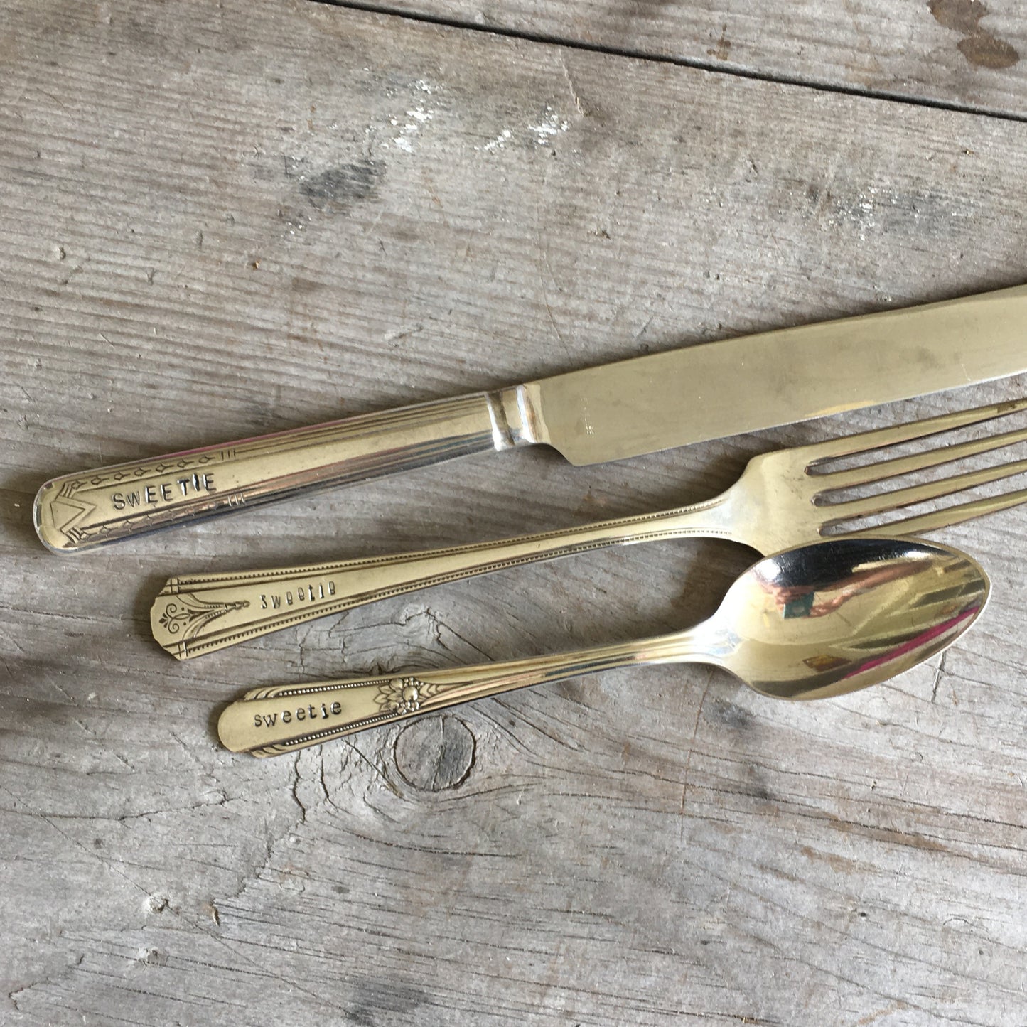 Unique hand-stamped vintage silverplate fork knife and spoon - custom personalized tableware set