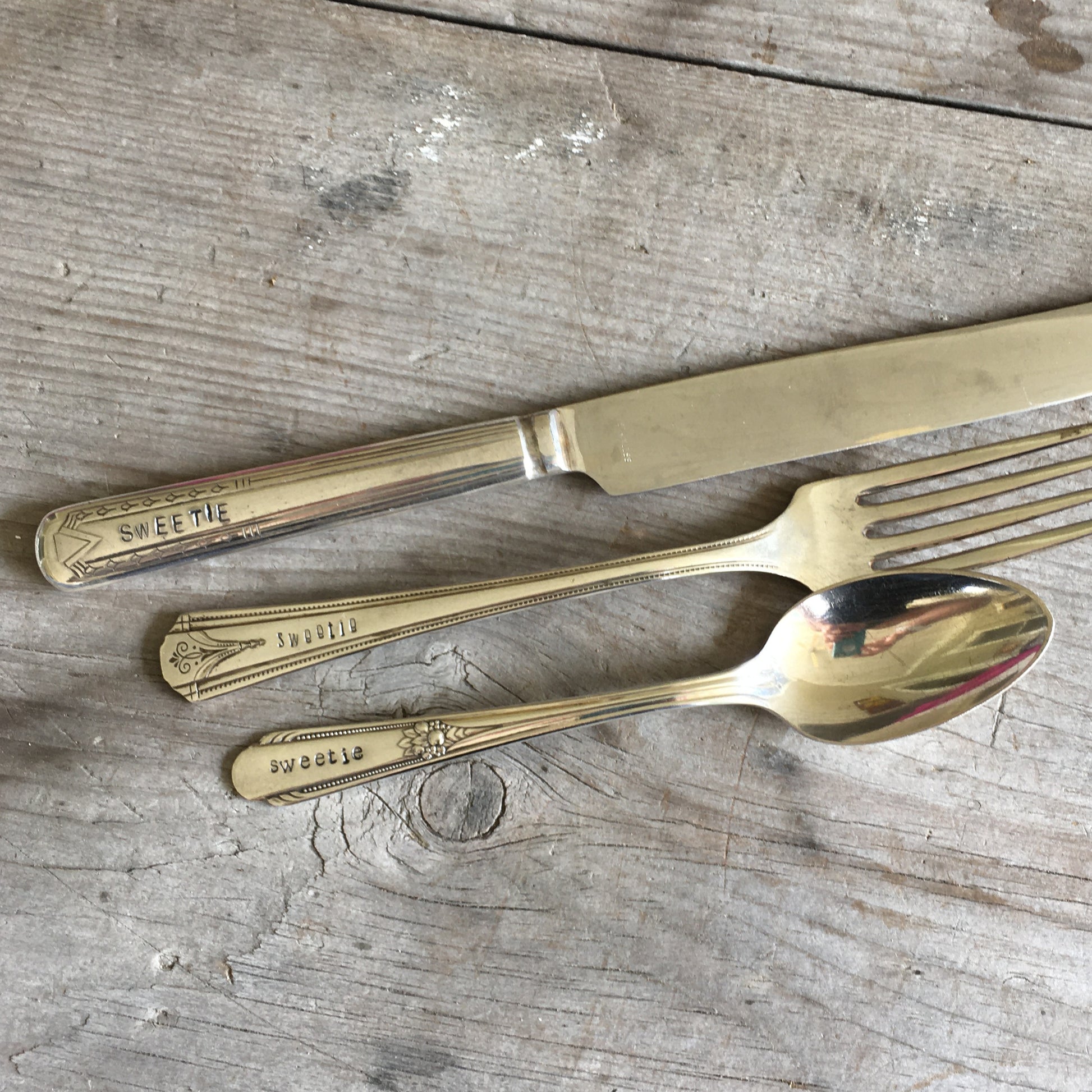 Unique hand-stamped vintage silverplate fork knife and spoon - custom personalized tableware set