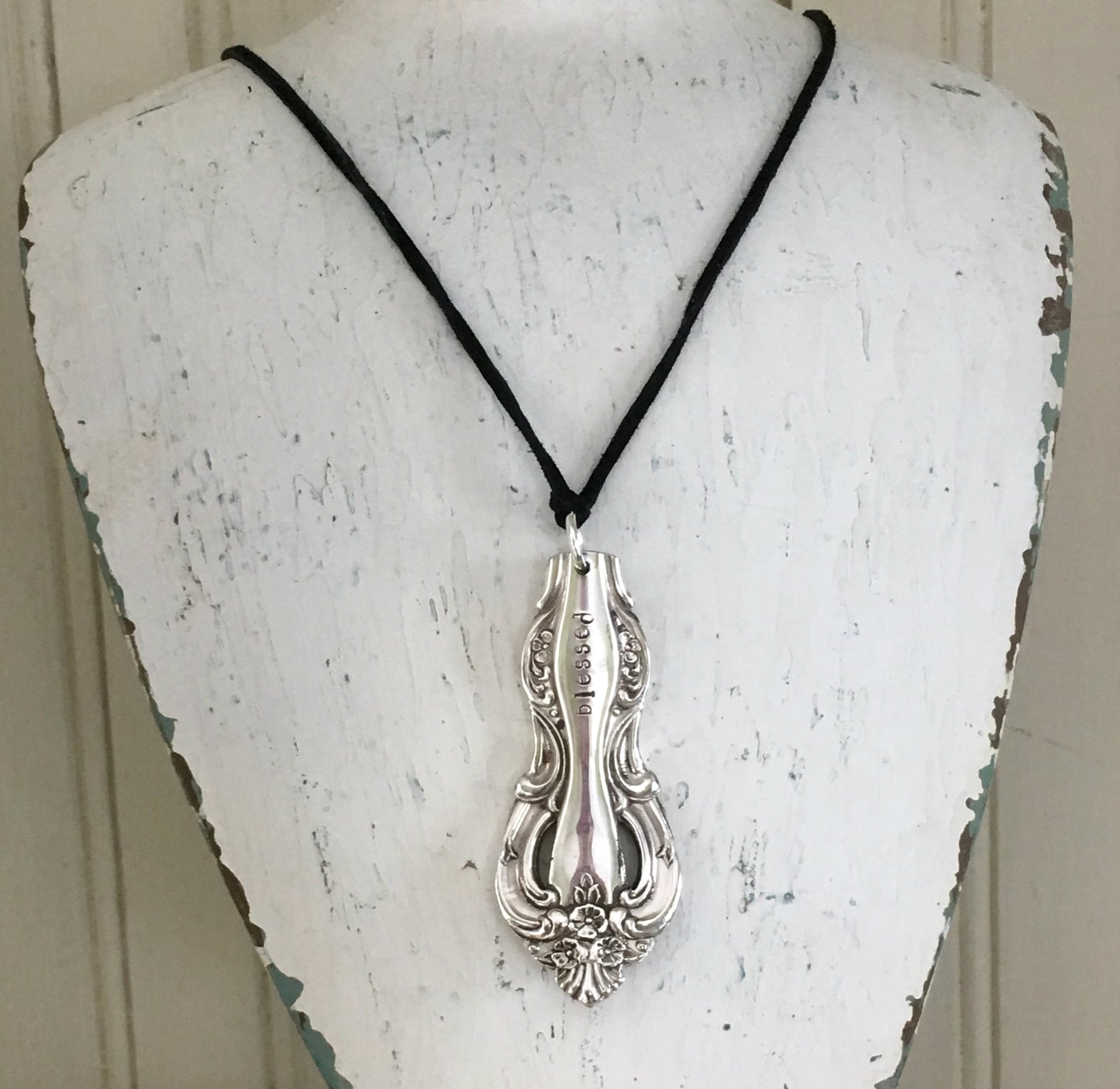 Handstamped Spoon Handle Necklace made from ornate serving spoon handle stamped blessed
