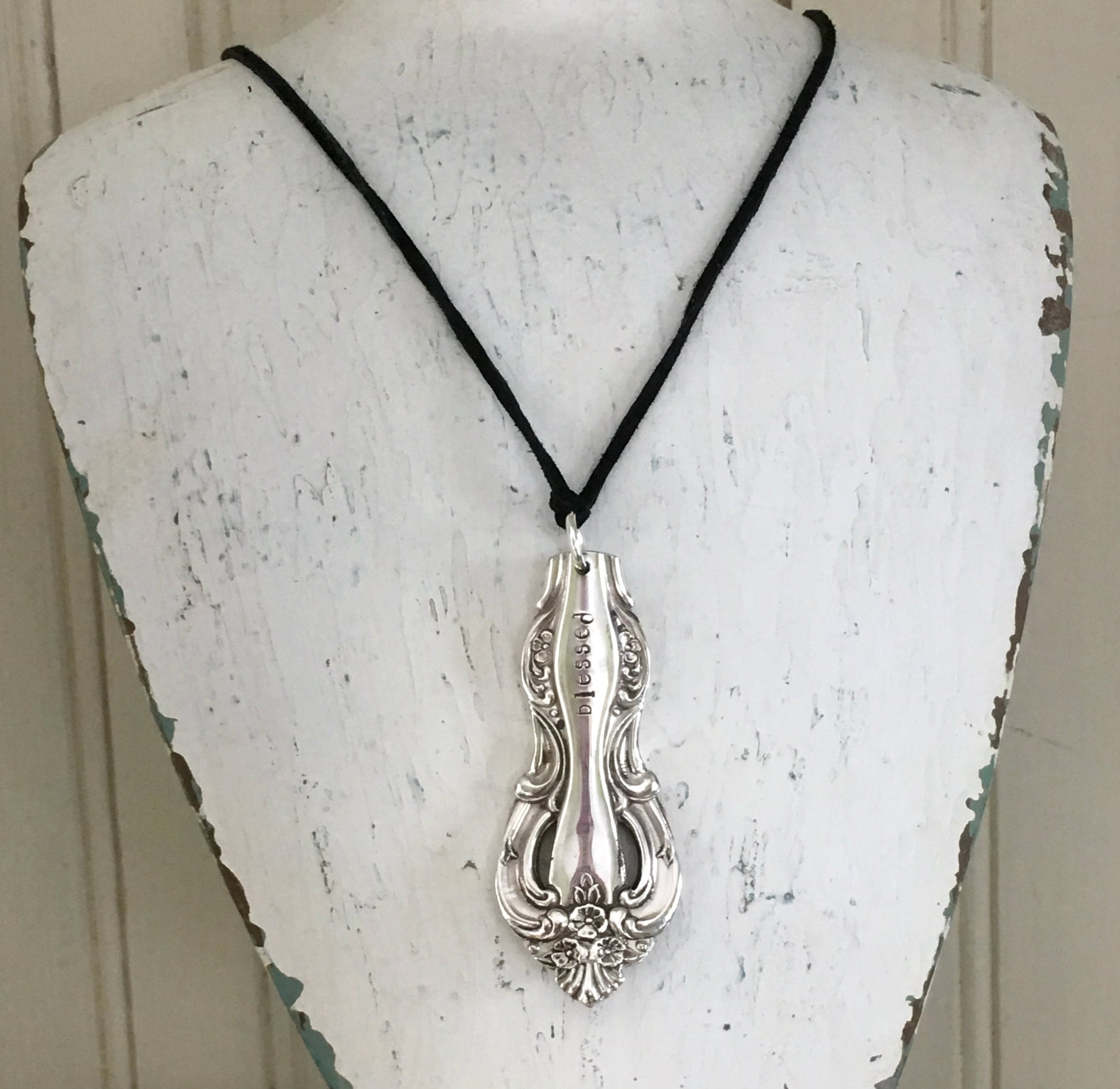 Handstamped Spoon Handle Necklace made from ornate serving spoon handle stamped blessed