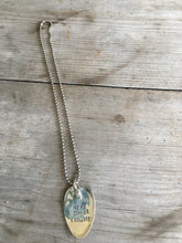 Stamped Spoon Necklace with Owl Charm Reads Here Comes Trouble View of Chain as well