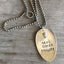 Stamped Spoon Necklace with Owl Charm Reads Here Comes Trouble