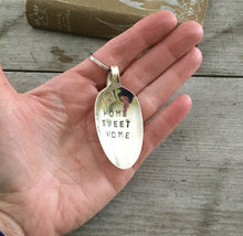 Upcycled Spoon Keychain Hand Stamped Home Sweet Home shown in hand for size scale reference