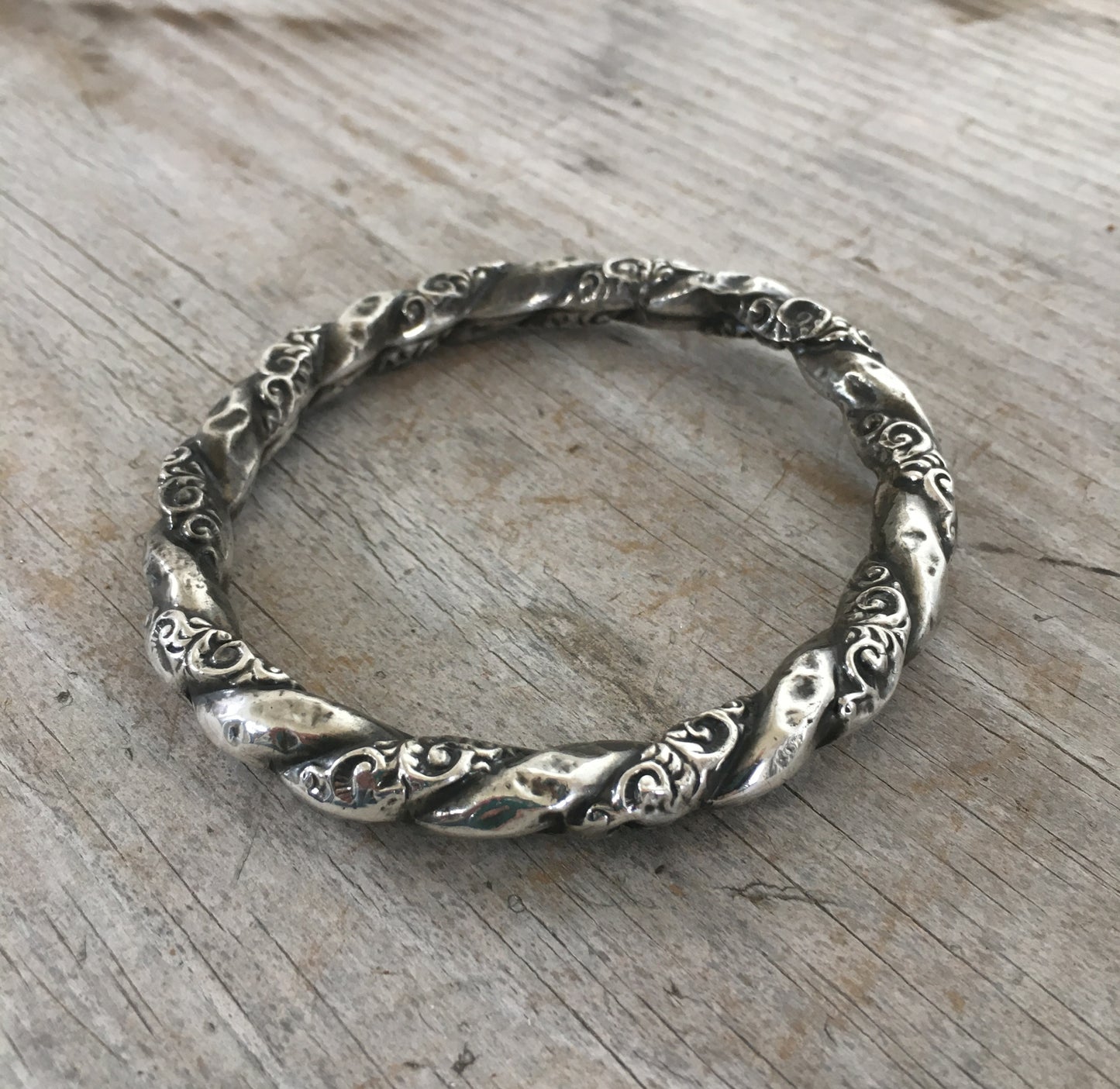 Sterling Silver Victorian Repousse Hollow Bangle Bracelet